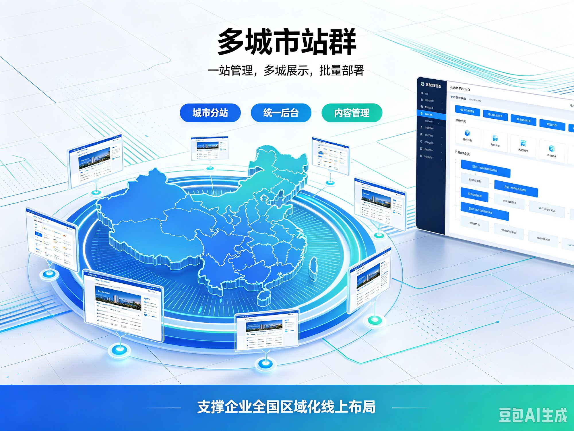 多城市站群系统控制台：批量生成分站、SEO与GEO设置界面示意